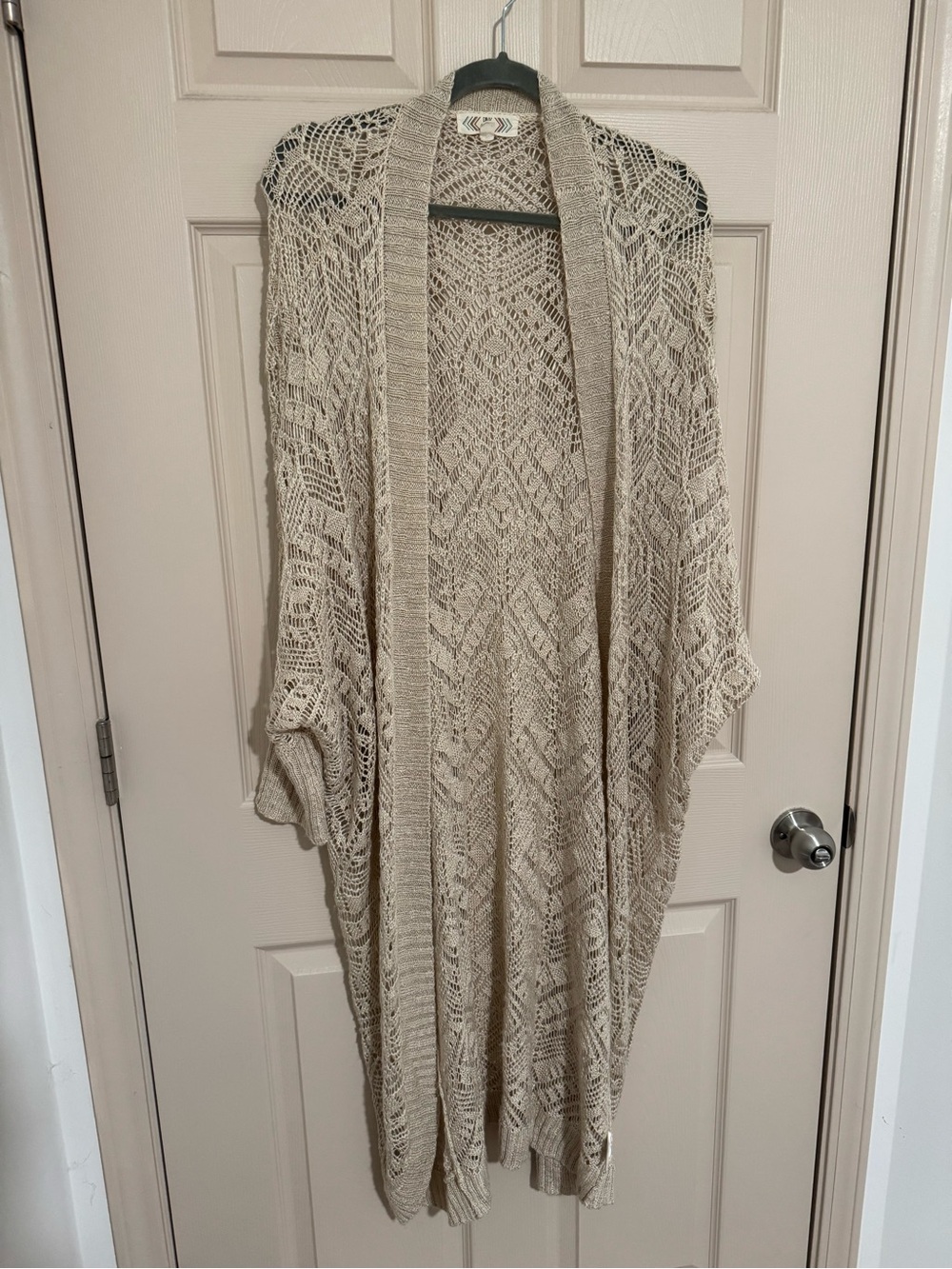 Pink Rose Open-Knit Beige Crochet Duster Cardigan